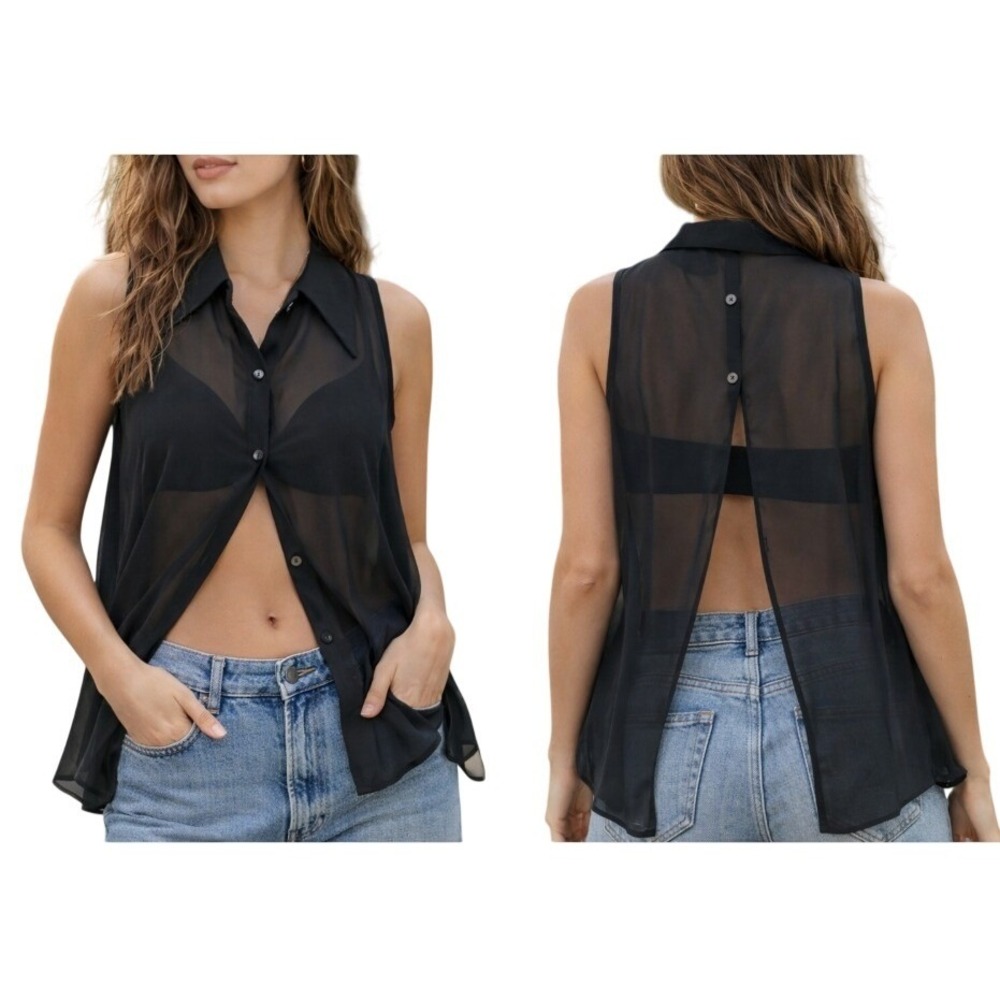 Y2K Clock House Sheer Chiffon Top Womens 12 Black Split Back Dark Academia Goth